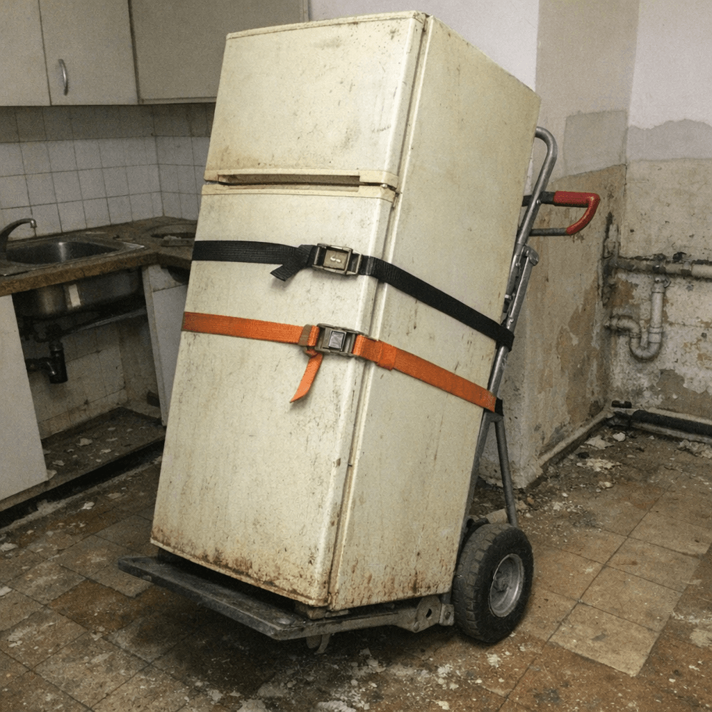 Defekter Kühlschrank wird auf einer Transportkarre aus einem Hof geschoben