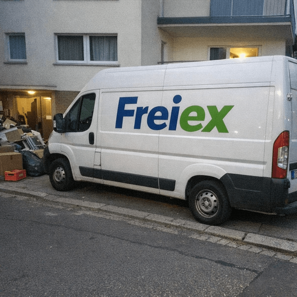 Transportfahrzeug mit geöffneten Hecktüren vor einem Mehrfamilienhaus in München