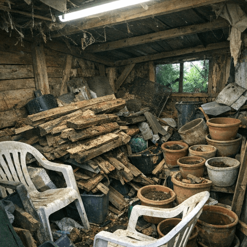 Verwilderter Schuppen im Garten mit morschen Brettern, Töpfen und alten Werkzeugen