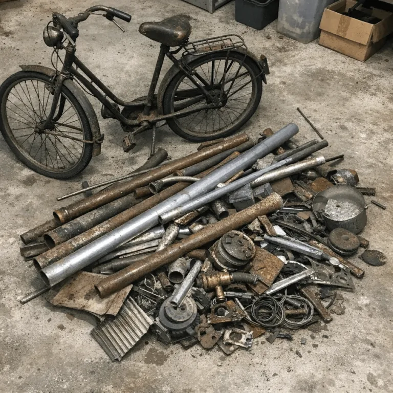 Alte Fahrräder und Metallschrott vor dem Recycling