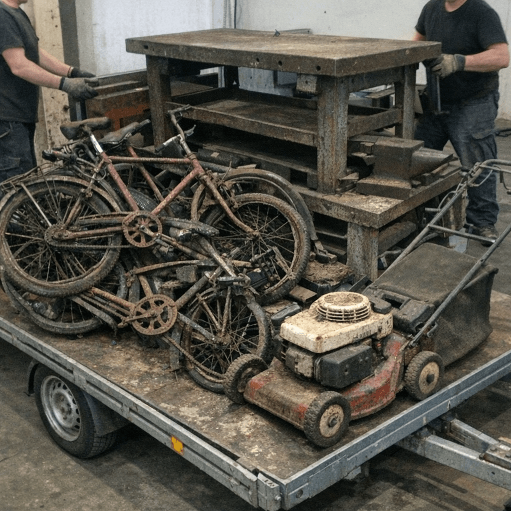 Zwei Mitarbeitende rollen eine schwere Metallwerkbank über Schutzplatten zum Fahrzeug