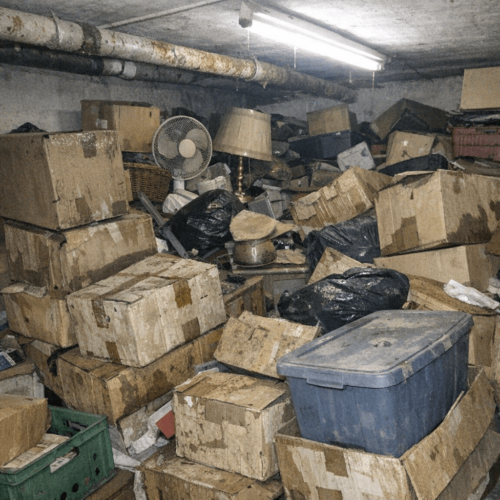 Feuchter Kellerraum mit leergeräumten Regalen und gestapelten Kartons am Ausgang