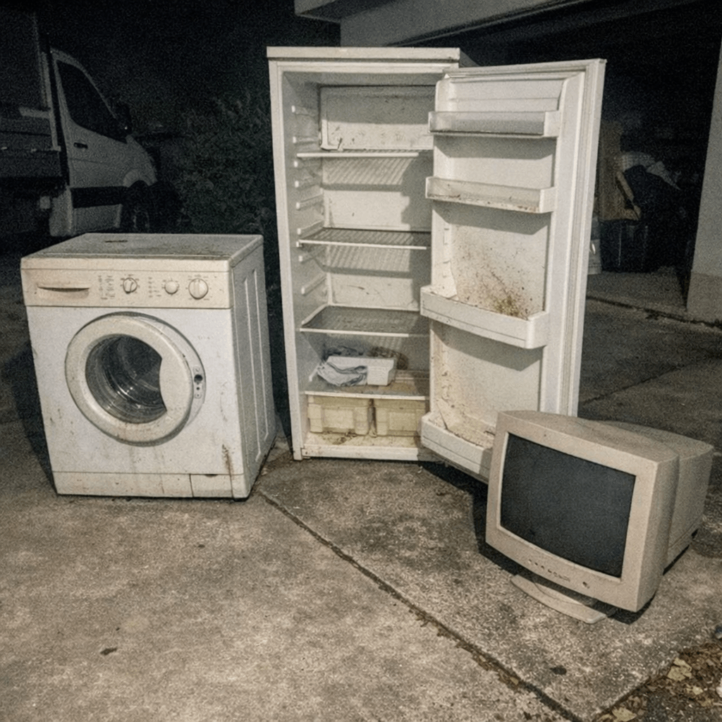 Alter Kühlschrank und defekter Fernseher stehen zur Abholung vor einem Transporter bereit